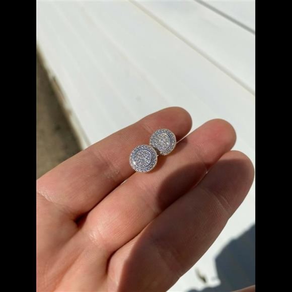 COPY - Real Solid 925 Silver Iced CZ Hip Hop Men's Earrings Big Studs 14k Gold … - Picture 2 of 9